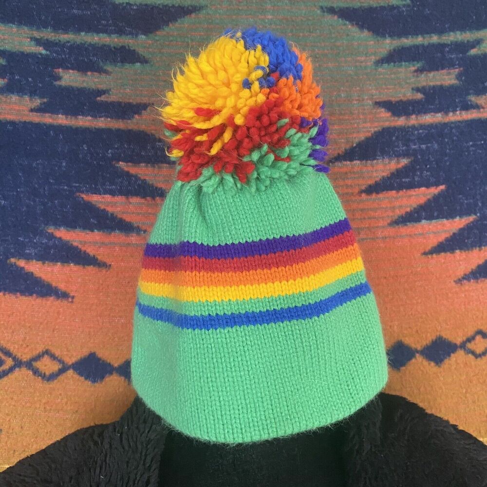 Vintage Pom Pom Top Beanie Hat. Rainbow Colors. Kids Size. USA. Winter Hat.